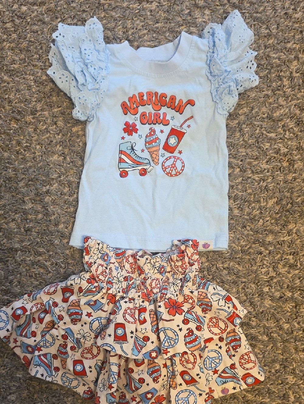 Cheeky Plum Light Blue Ruffle Sleeve Tee with Red & Cream Patriotic Skirt